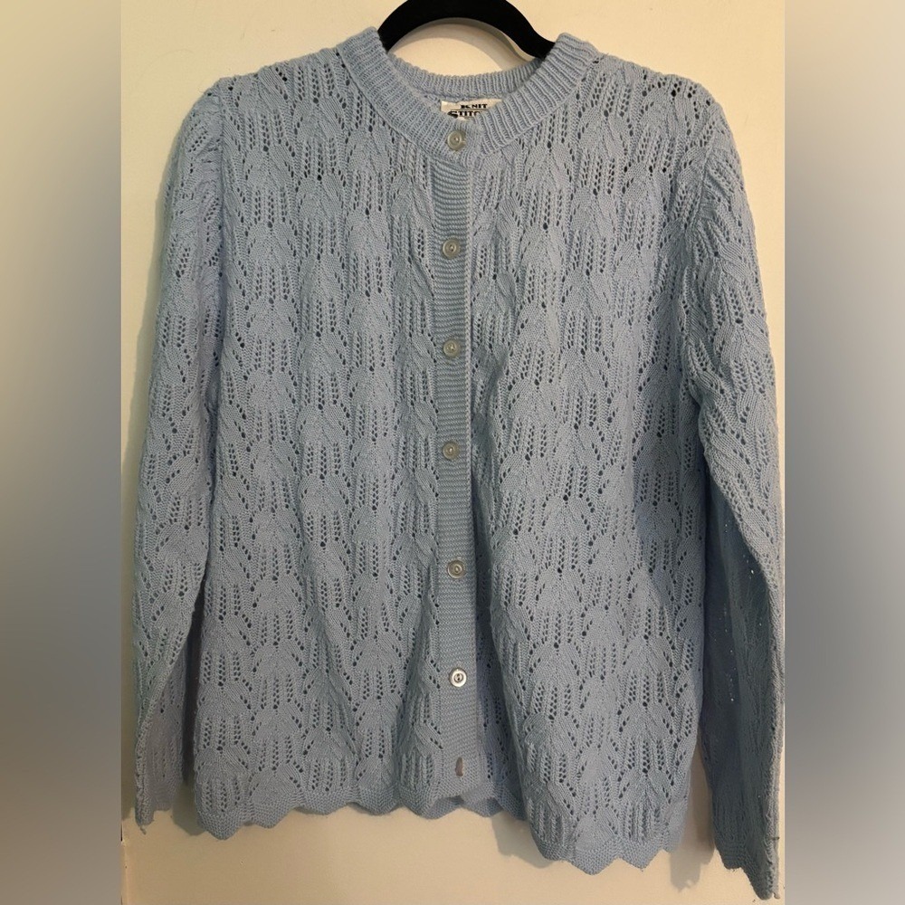 Vintage Knit Stitches Womens Med American Made Acrylic Button Cardigan L Blue